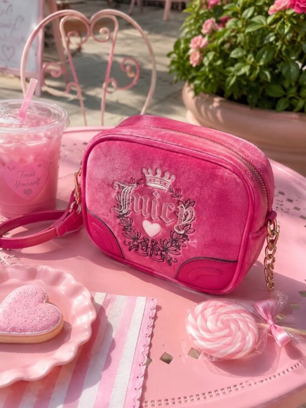 Juicy Couture Free Love Heritage Pink Velour Crossbody Bag Charm NWT